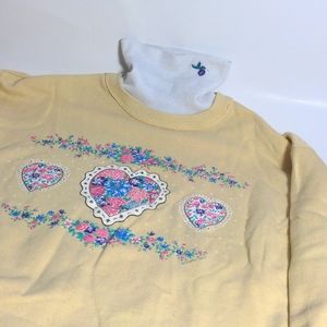 90s vintage cottagecore kawaii yellow sweater turtleneck lace floral heart